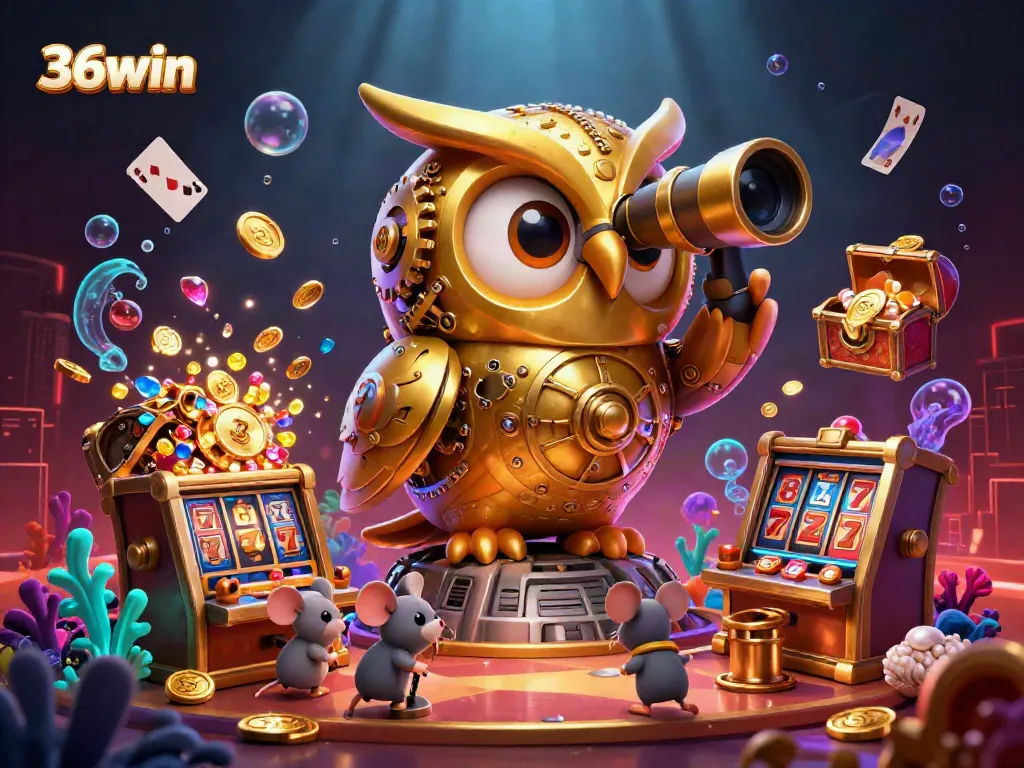 Experience the exciting world of 36win with a dynamic casino scene featuring an animated owl, floating slot reels, and playful mouse patrons.