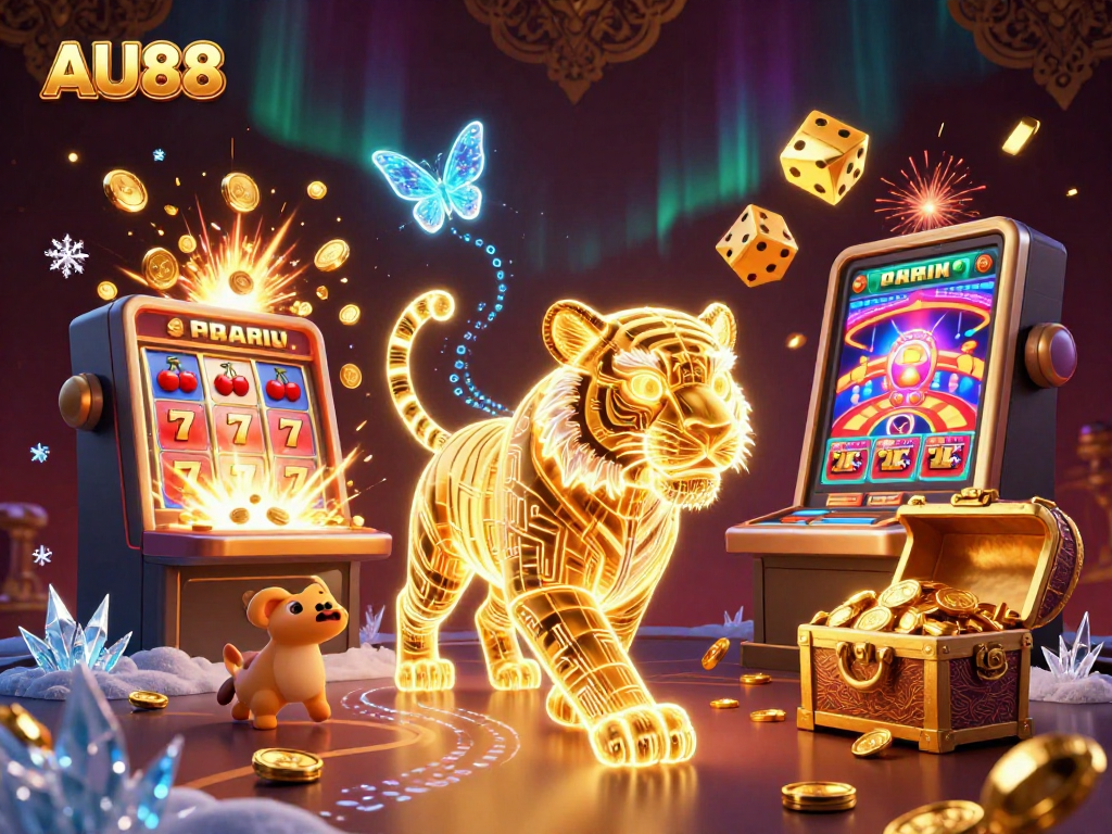 Experience the thrill of AU88 with a neon golden tiger in a vibrant digital casino landscape.