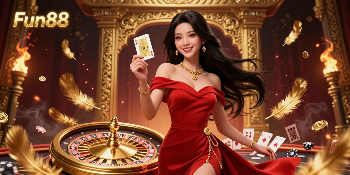 Engage in thrilling gameplay at Fun88 with a stunning young Asian woman posing next to a golden roulette wheel.