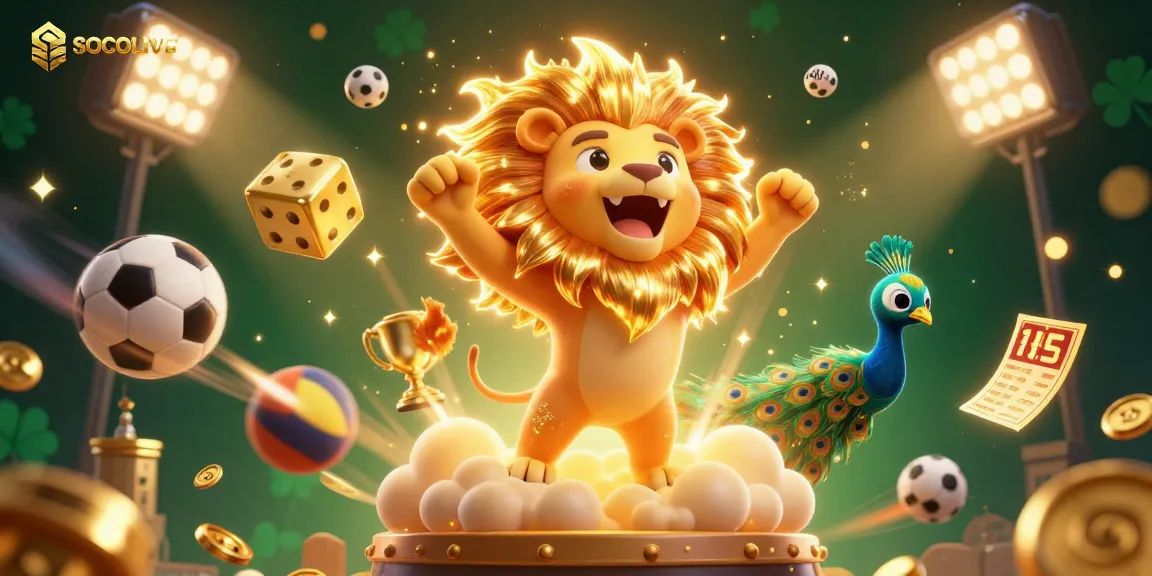 SOCOLIVE showcases a vibrant scene with a sun lion, golden dice, and sports balls in a fun casino atmosphere.