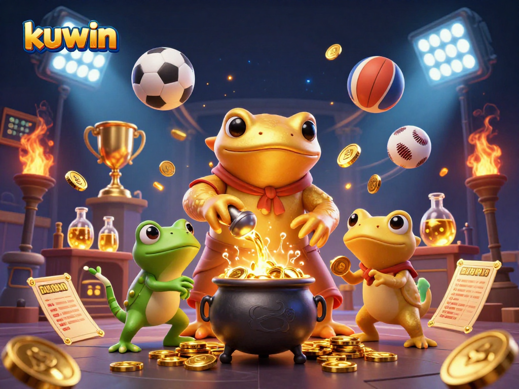 Kuwin sports betting scene with a golden salamander alchemist and dynamic sports balls.