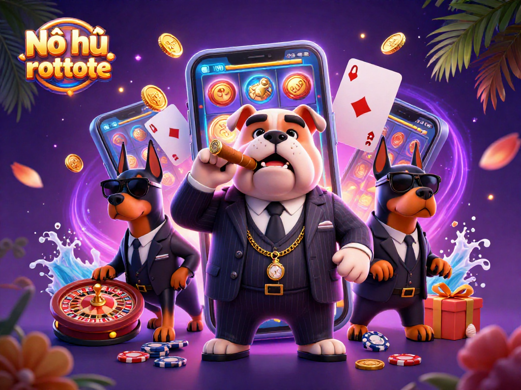 Nổ hũ mini roulette showcases a flamboyant gaming scene with a mafia bulldog and luxury casino elements, featuring vibrant slot designs.