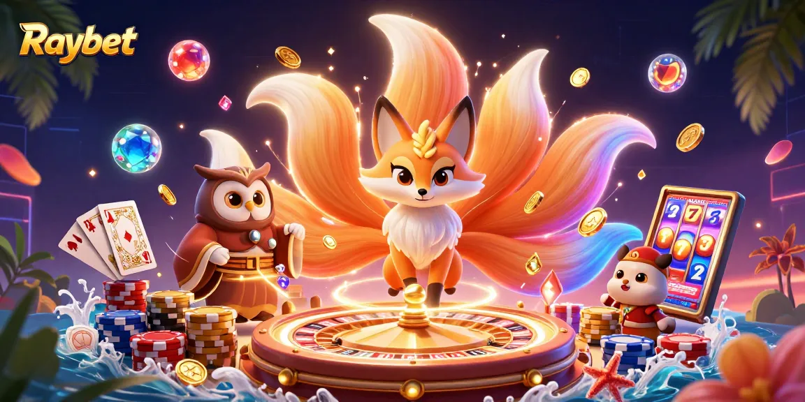 Engage in thrilling gaming at Raybet with vibrant casino elements, including a lucky seven slot and golden coins.