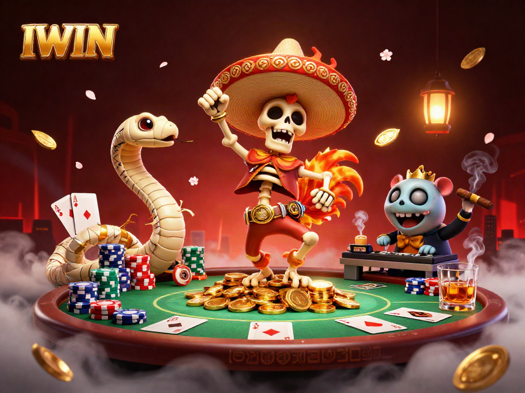 Experience IWIN's exciting world with a festive skeleton mariachi celebrating winnings at a lively poker table.