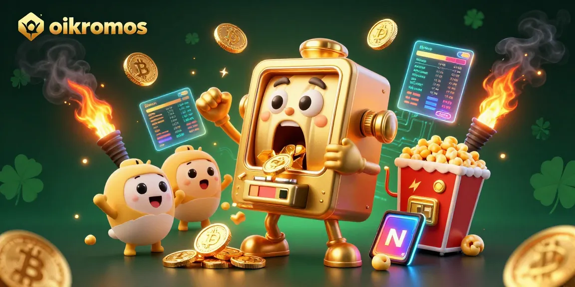 oikonomos-themed 3D slot machine celebrating a jackpot, surrounded by crypto coins and vibrant visuals