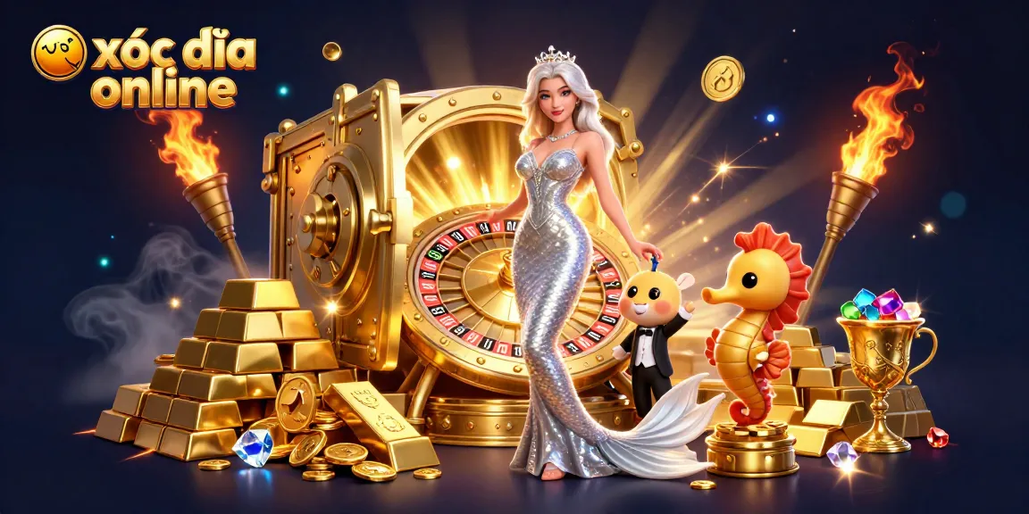 Play xóc đĩa online with stunning characters amidst gold treasures and vibrant casino elements.