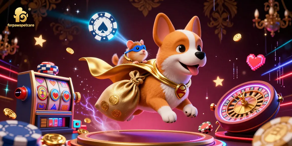 Experience the thrill of gaming with forpawspetcare's vibrant 3D superhero dog illustration amidst casino excitement.
