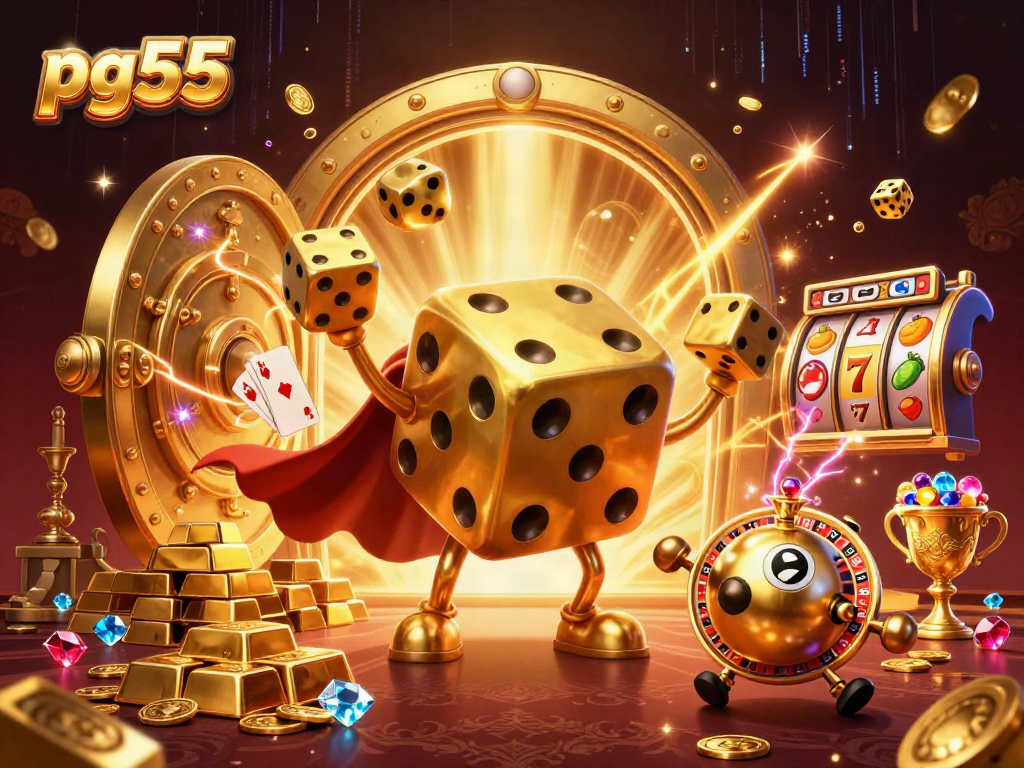 Engage in thrilling gameplay at pg55 with a vibrant scene of golden dice and shimmering casino treasures.
