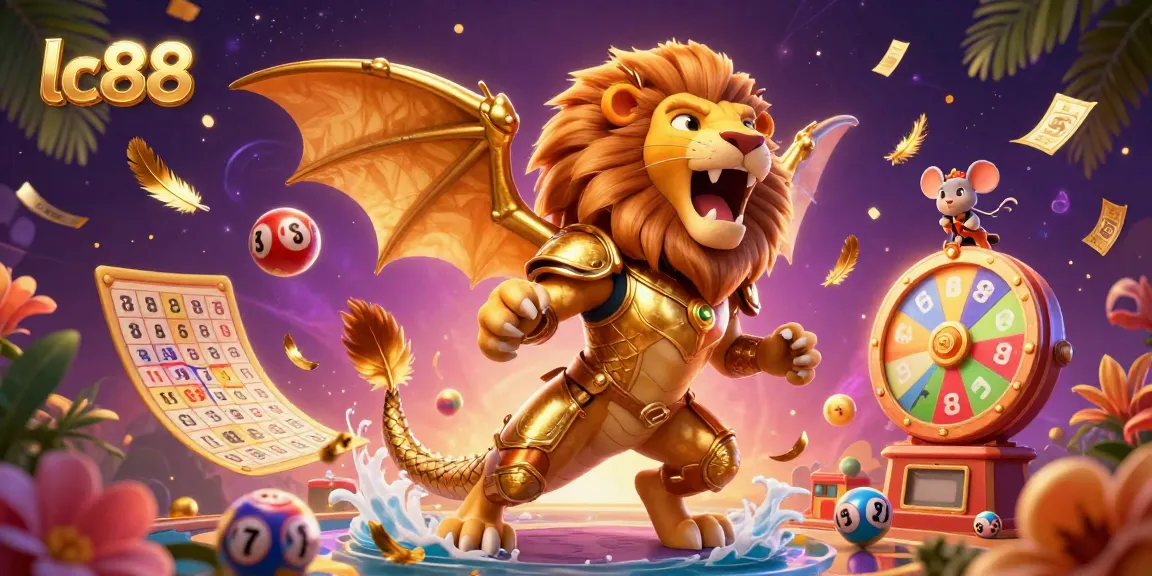 Experience the thrill of lc88 with a dynamic 3D casino scene featuring a roaring chimera and vibrant lottery elements.