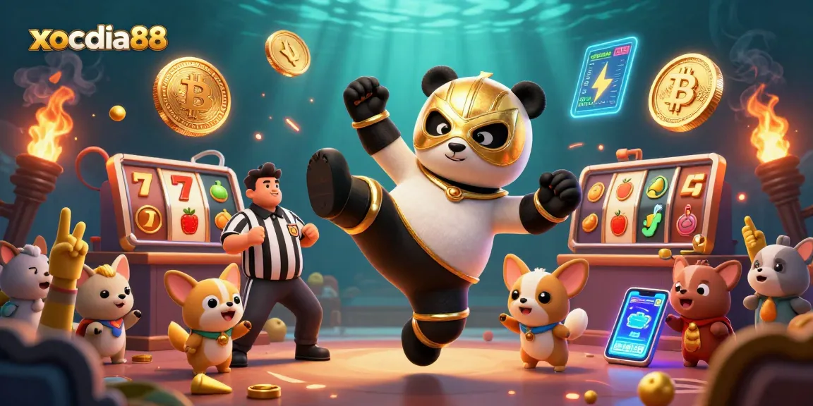 Xocdia88 showcases an energetic scene with a wrestler panda and referee, capturing the thrill of online gaming.