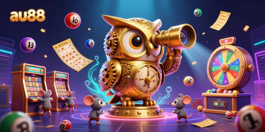 The golden owl of au88 oversees a vibrant casino full of bustling activities, slot machines, and dynamic lottery elements.