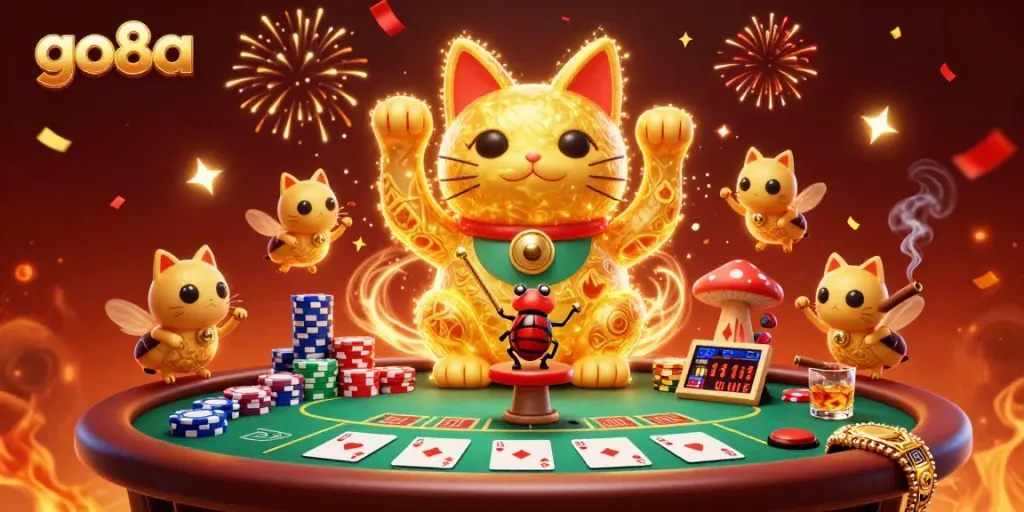 Unleash the excitement at go8a with a vibrant illustration of a lucky cat and casino symbols celebrating together.