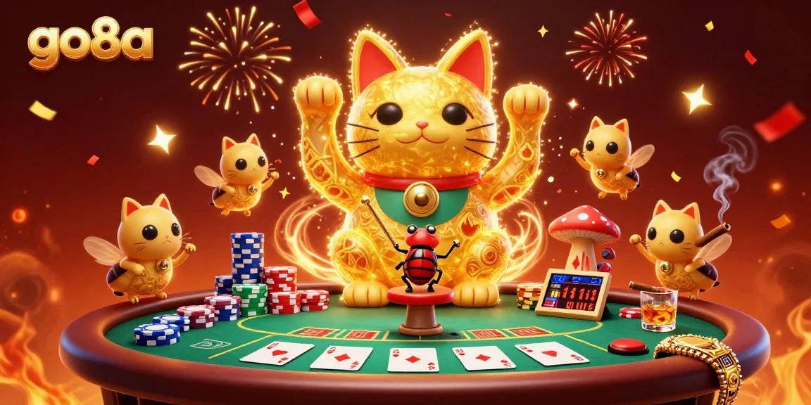 Unleash the excitement at go8a with a vibrant illustration of a lucky cat and casino symbols celebrating together.