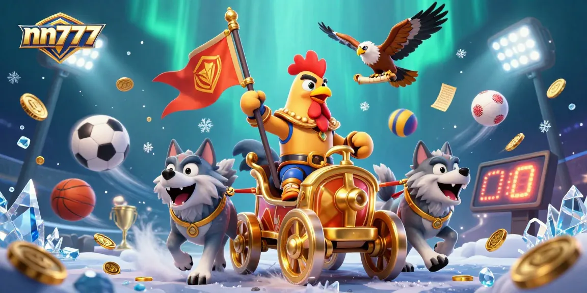 Experience thrilling action at nn777, featuring a rooster warlord and sports betting elements in a vibrant casino scene.