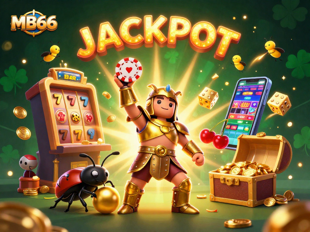 Engage with MB66's thrilling jackpot scene featuring animated characters and casino elements.