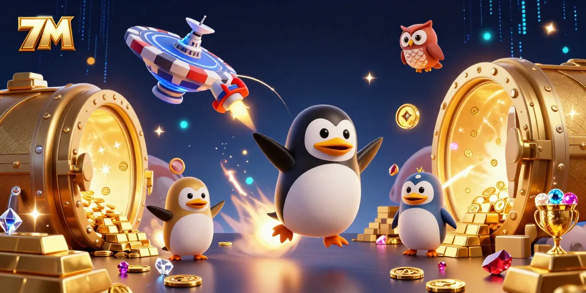 7M penguin rocket racing to a casino space station amidst gold and treasures.