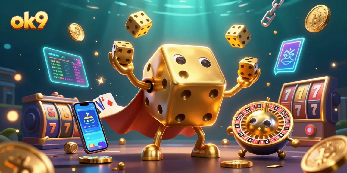 bet big with ok9's vibrant casino gaming scene showcasing gold dice and crypto elements
