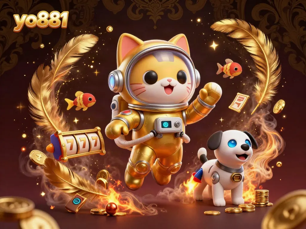 Spin for winnings at yo881 with an epic casino adventure featuring a golden astronaut cat and robot dog.