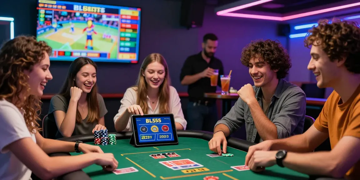 Friends enjoying games at the BL555 online casino, vibrant and festive ambiance.