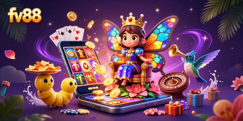 Experience the excitement of fv88 with a vibrant casino-themed digital illustration featuring lively gaming elements.
