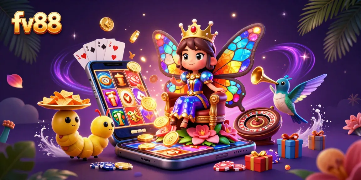 Experience the excitement of fv88 with a vibrant casino-themed digital illustration featuring lively gaming elements.