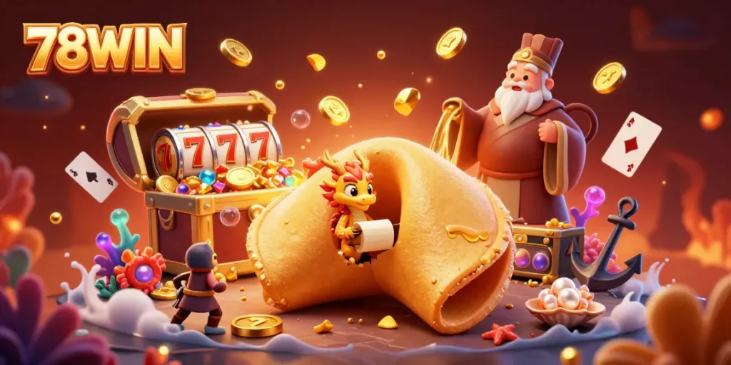 Immerse in the vibrant world of 78WIN with a cartoon illustration showcasing a golden fortune cookie, dynamic gaming elements, and a rich casino backdrop.