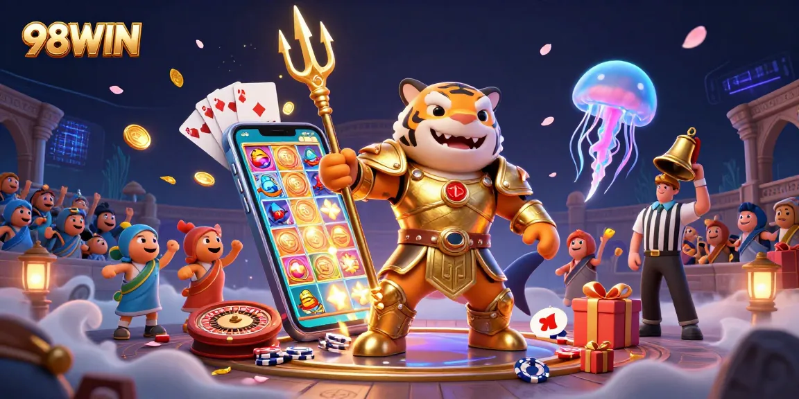 Engage with 98WIN's thrilling adventures in an underwater colosseum featuring vibrant casino elements and dynamic characters.