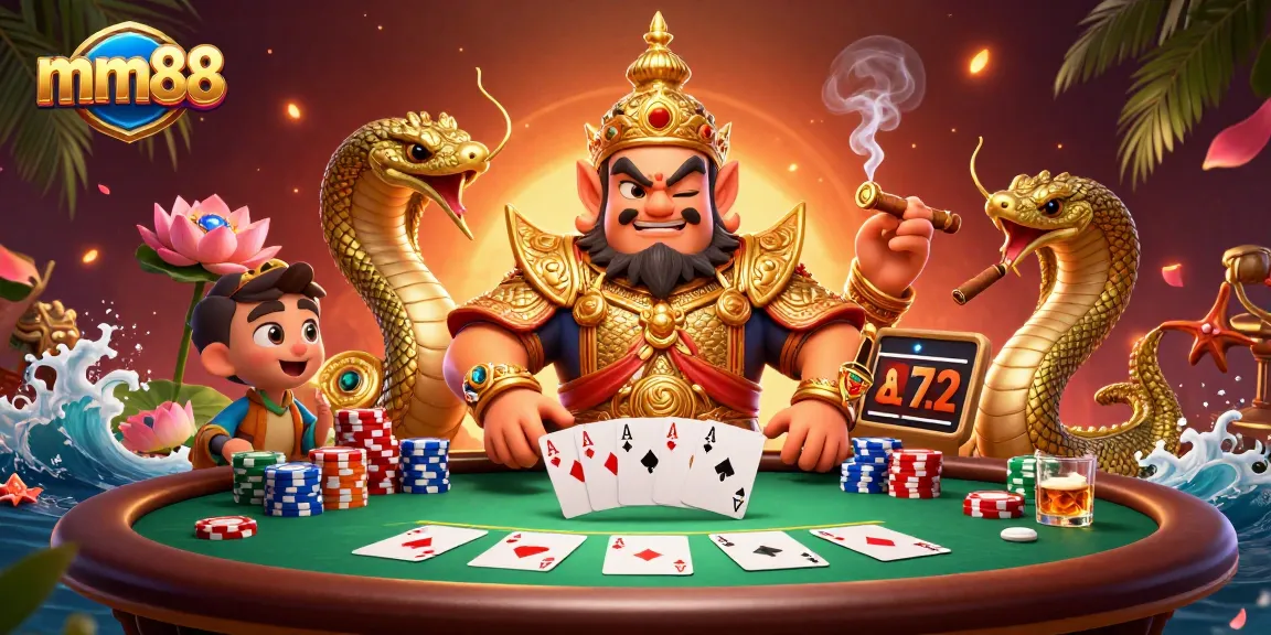 Experience thrilling mm88 poker games with our lively 3D illustration of guardians and vibrant casino elements.