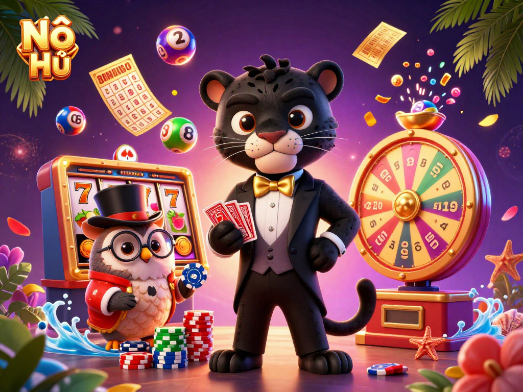 Engage with Nổ Hũ in a vibrant casino scene featuring a tuxedo panther, an owl with poker chips, and a lucky mouse.