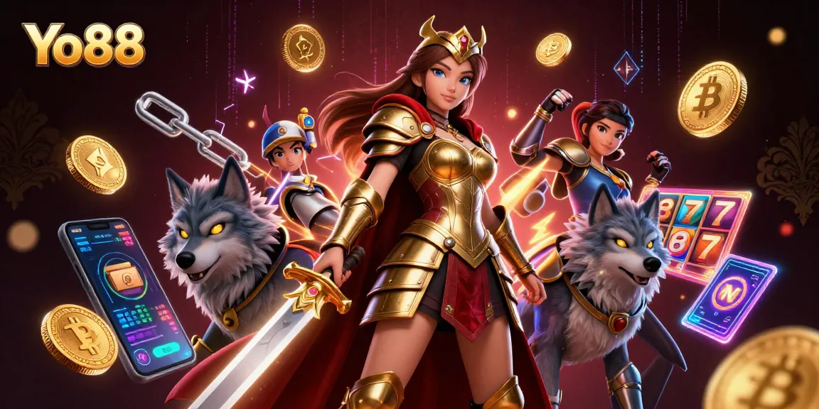 Experience winning moments at Yo88, featuring a warrior queen and crypto elements in an exciting casino scene.