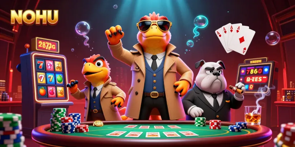 Experience NOHU's thrilling casino adventures with raptors in a trench coat entering a VIP lounge.