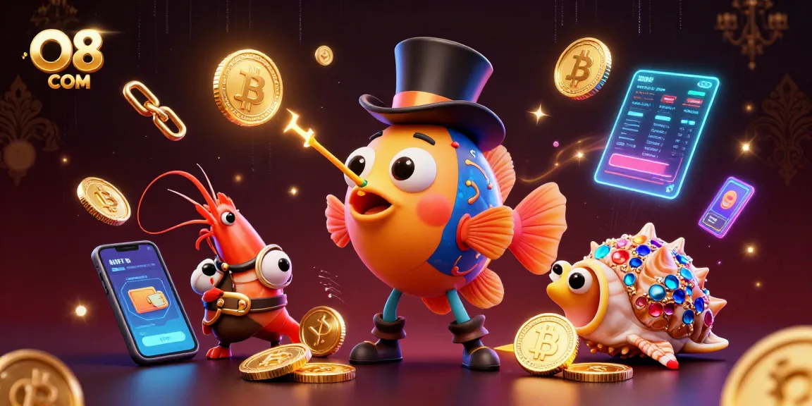 Attract coins with O8 COM in a vibrant 3D cartoon casino scene featuring unique sea creatures.