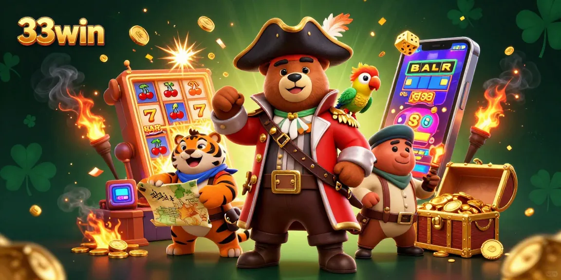 Experience the excitement of 33win with a vibrant scene of a pirate bear, a tiger, and jackpot elements exploding.