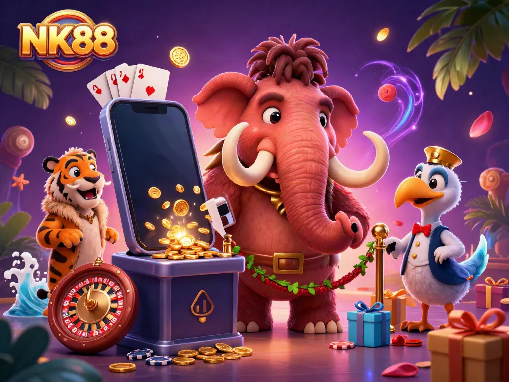 Experience the excitement of NK88 with a vibrant 3D illustration of casino characters and games.