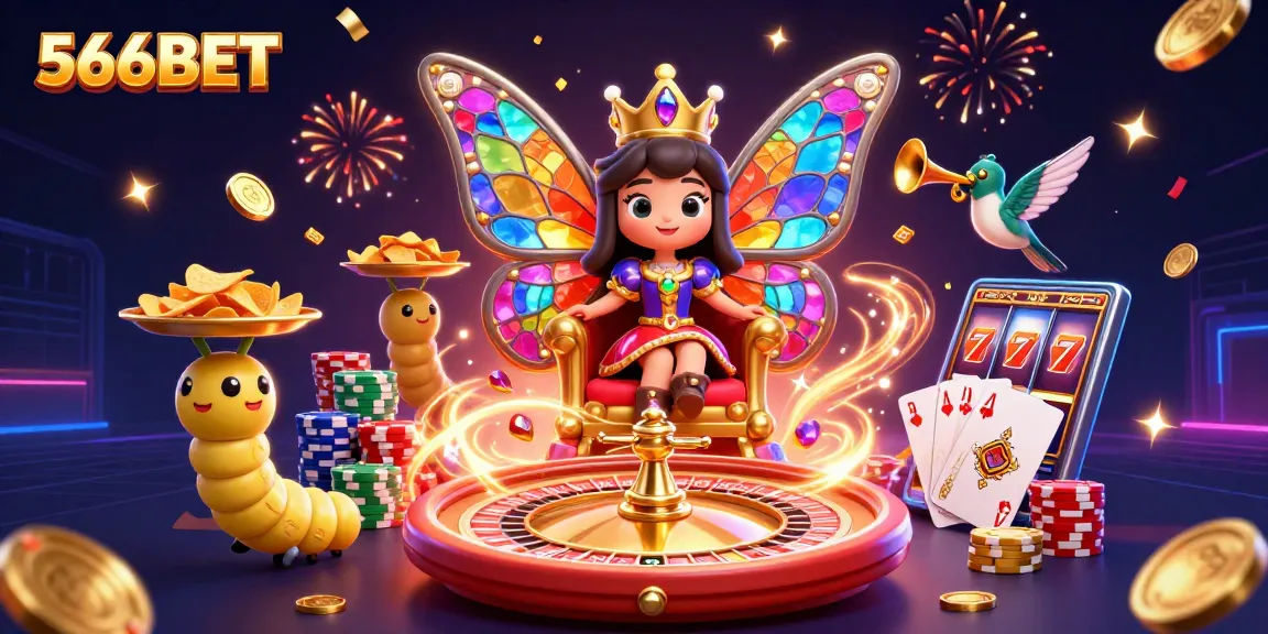 Engage in thrilling gaming adventures at 566BET with a vibrant 3D casino atmosphere featuring butterflies and golden coins.