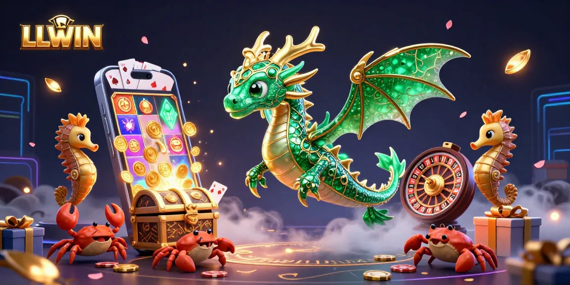 Experience winning joy at LLWIN with vibrant 3D casino imagery featuring games, dragons, and treasures.