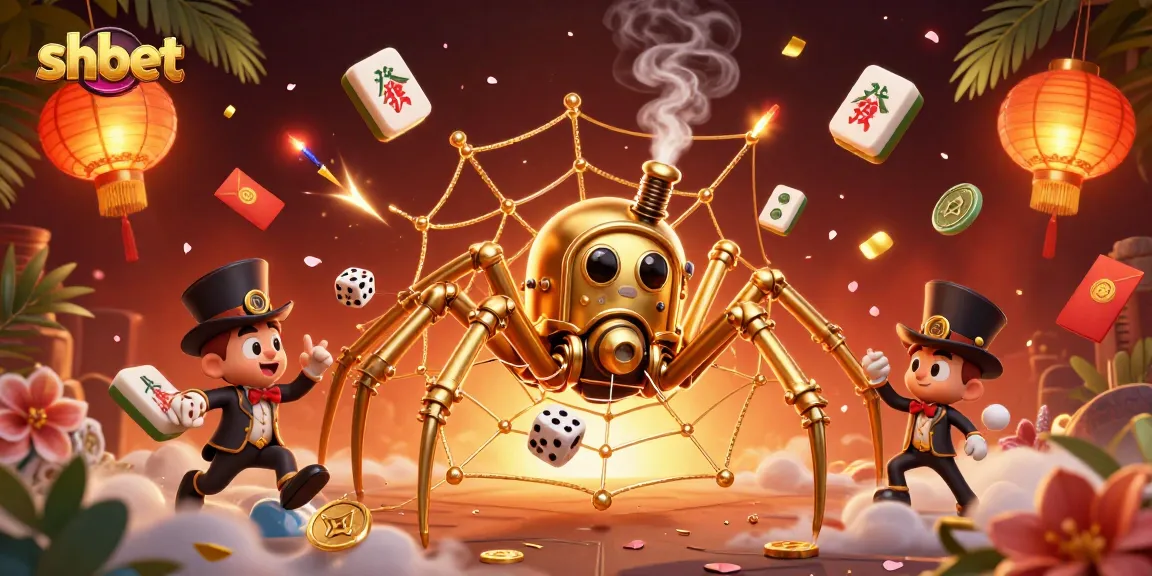 Engaging shbet illustration depicting a golden spider with intricate web and poker elements amidst vibrant casino-themed decorations.