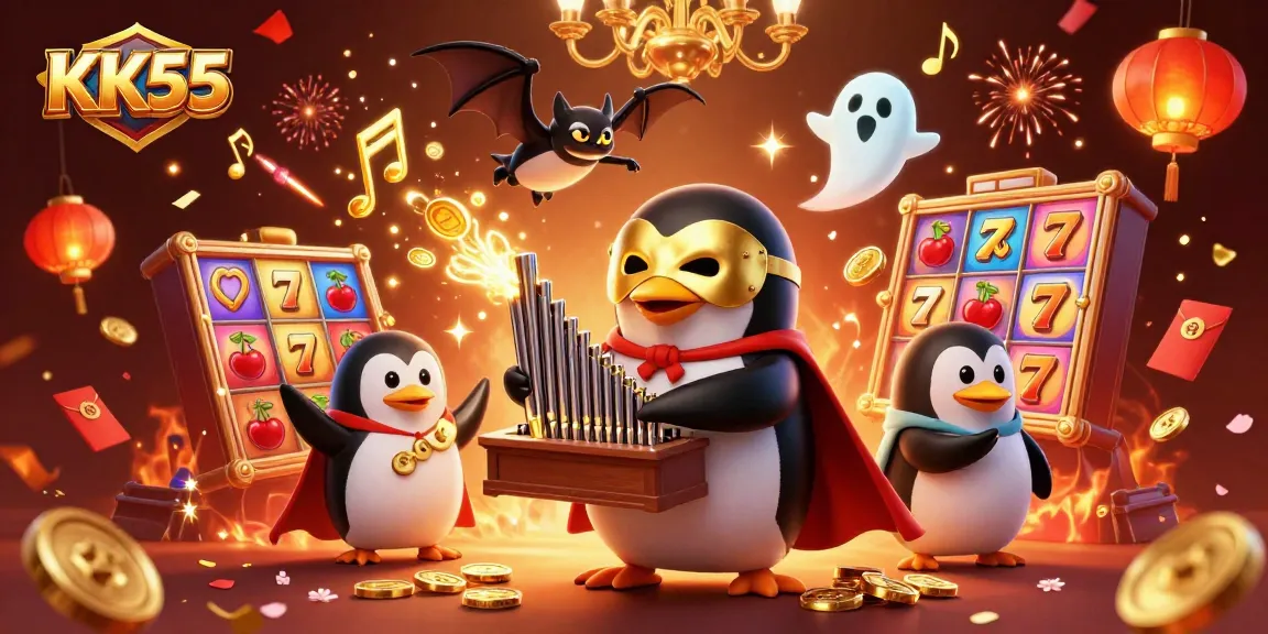 Experience the excitement of KK55 with this vibrant 3D illustration featuring a penguin in a mask creating an explosive casino scene.