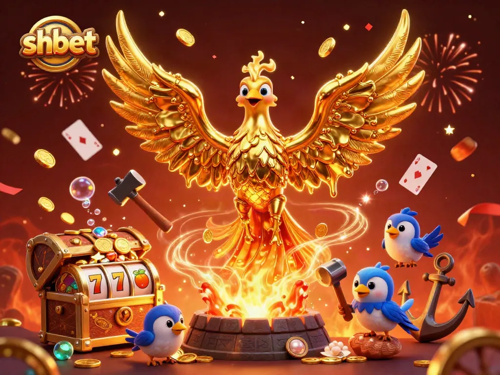 Join the excitement with shbet's immersive golden phoenix scene, celebrating casino wins!