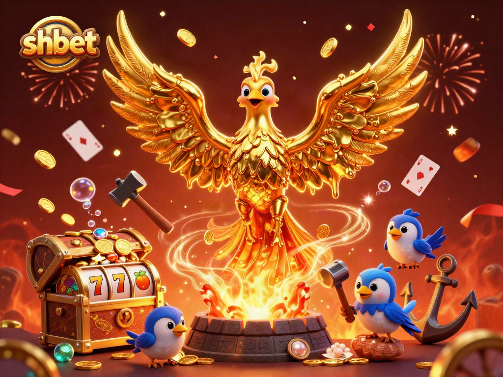 Join the excitement with shbet's immersive golden phoenix scene, celebrating casino wins!