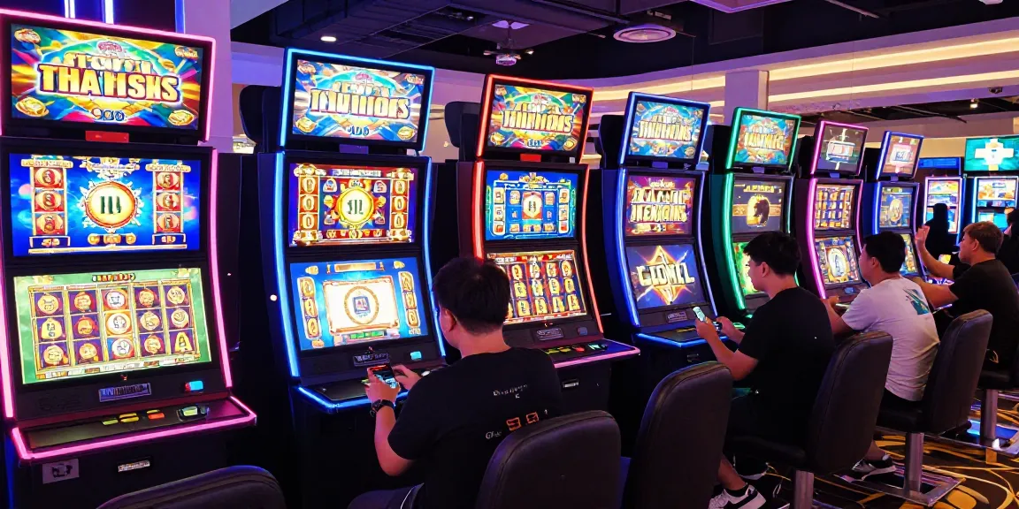 Situs Slot Gacor Asialive88 players engaging with vibrant slot machines in an exciting casino atmosphere.