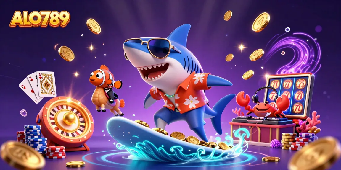 Play ALO789 and win big, featuring a lively scene of sea creatures amidst cascading gold coins and roulette.