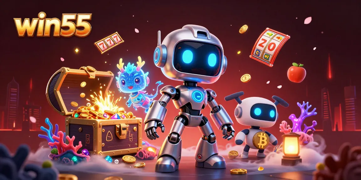 Experience thrilling gameplay at win55 with a vibrant 3D illustration of robots, slots, and treasure!