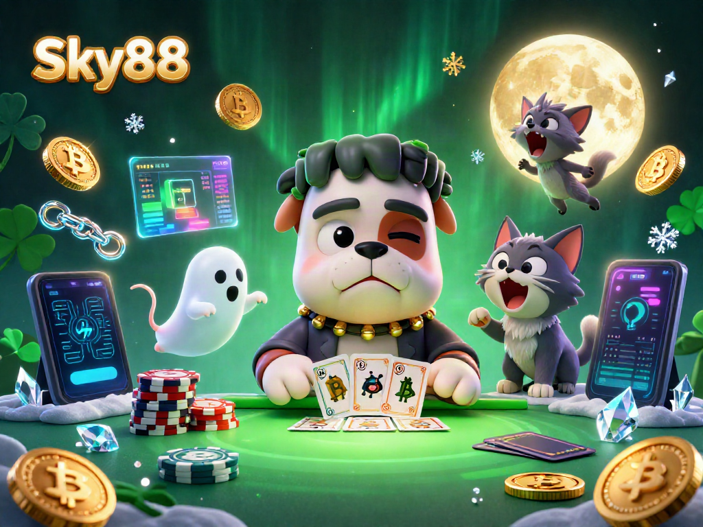 Engaging Sky88 casino scene with a Frankenstein bulldog dealer, ghost mouse, and werewolf kitten.