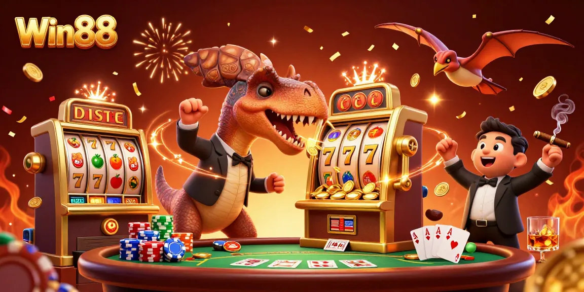 Win88 slot machine and dinosaur characters creating jackpot excitement in a vibrant casino scene.