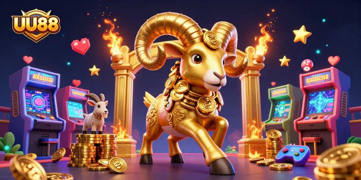 Experience thrilling gaming with UU88's golden ram and exciting arcade elements in this vibrant casino scene.