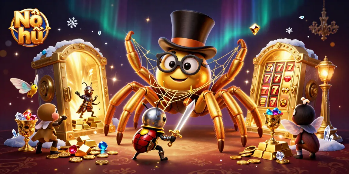 Nổ hũ highlights a 3D cartoon scene of a golden tarantula and beetle knight at a casino vault.