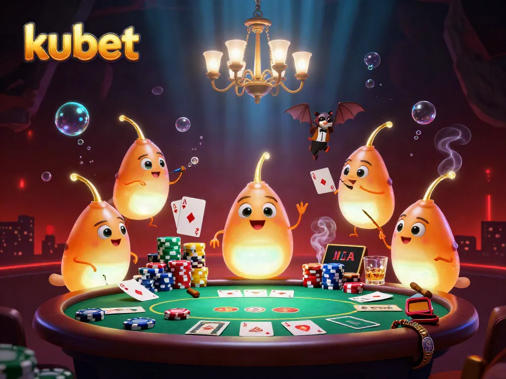 Experience the vibrant kubet casino atmosphere with glowworms illuminating the gaming tables and neon signs.