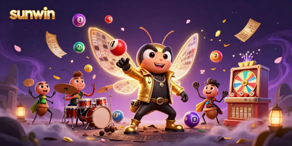 Win big with sunwin's exciting games in a vibrant casino-themed scene filled with dynamic characters and elements.