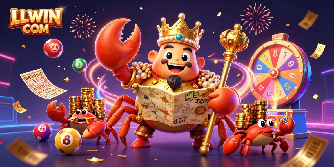 Join vibrant gaming adventures at LLWIN COM with this engaging 3D illustration featuring a golden crab emperor and energetic lottery elements.